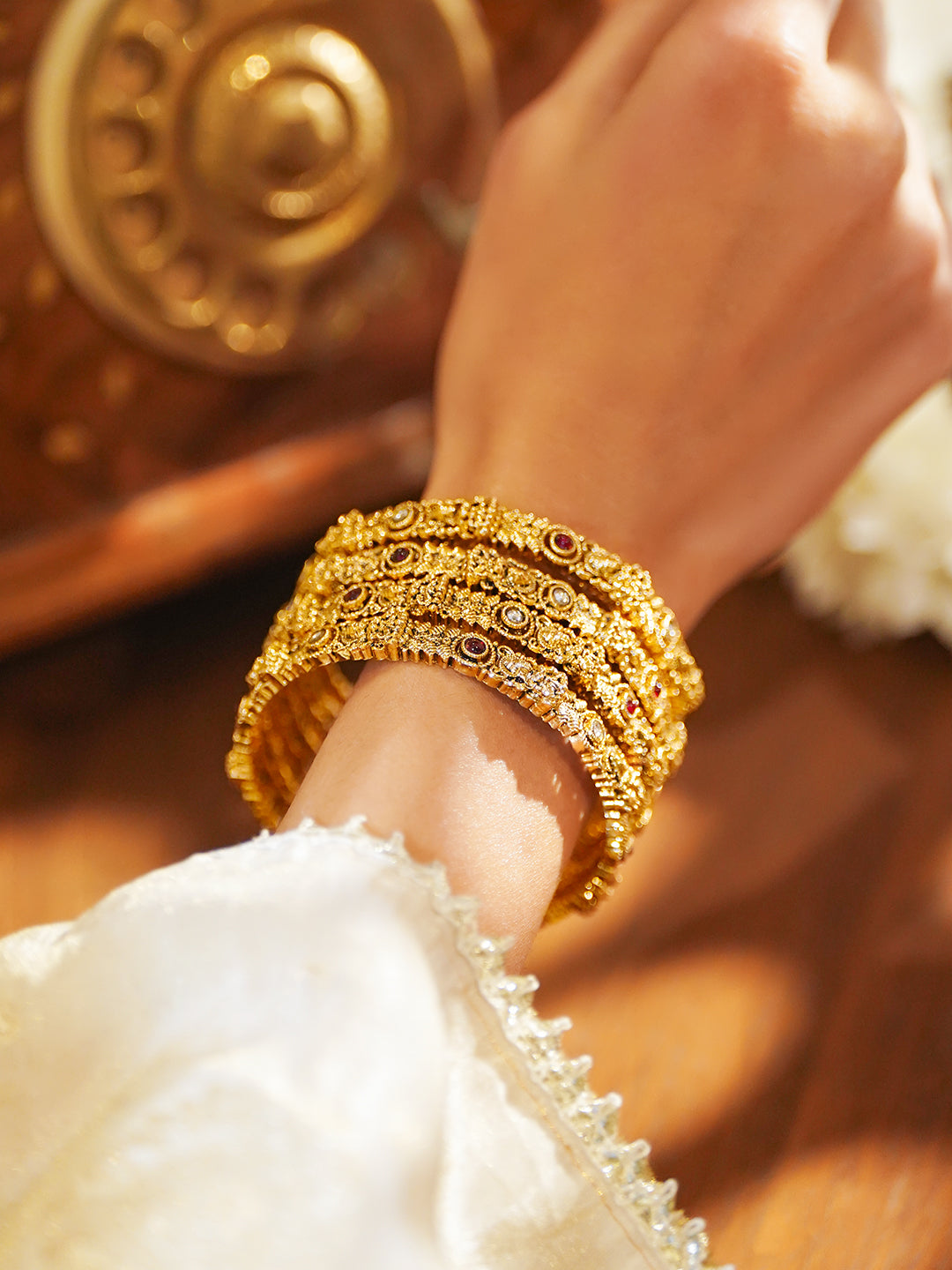 Rubans Set of 4 22K Gold-Plated Brass Red & White Stones Temple Heritage Bangles