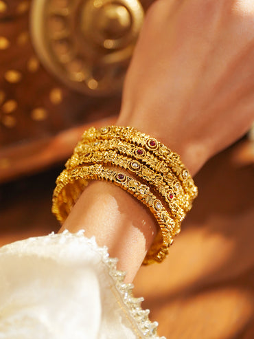 Rubans Set of 4 22K Gold-Plated Brass Red & White Stones Temple Heritage Bangles