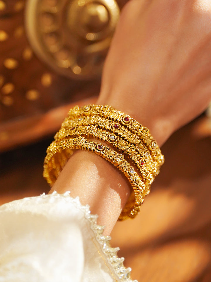 Rubans Set of 4 22K Gold-Plated Brass Red & White Stones Temple Heritage Bangles