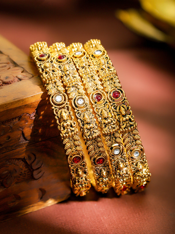 Rubans Set of 4 22K Gold-Plated Brass Red & White Stones Temple Heritage Bangles