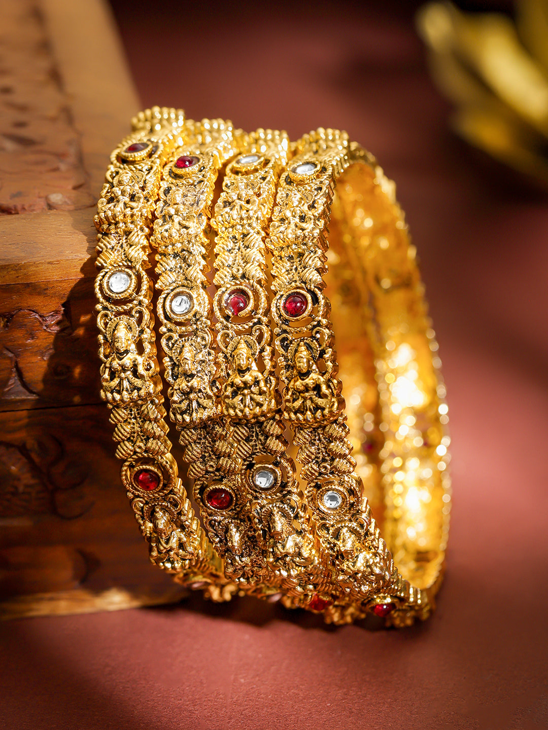 Rubans Set of 4 22K Gold-Plated Brass Red & White Stones Temple Heritage Bangles