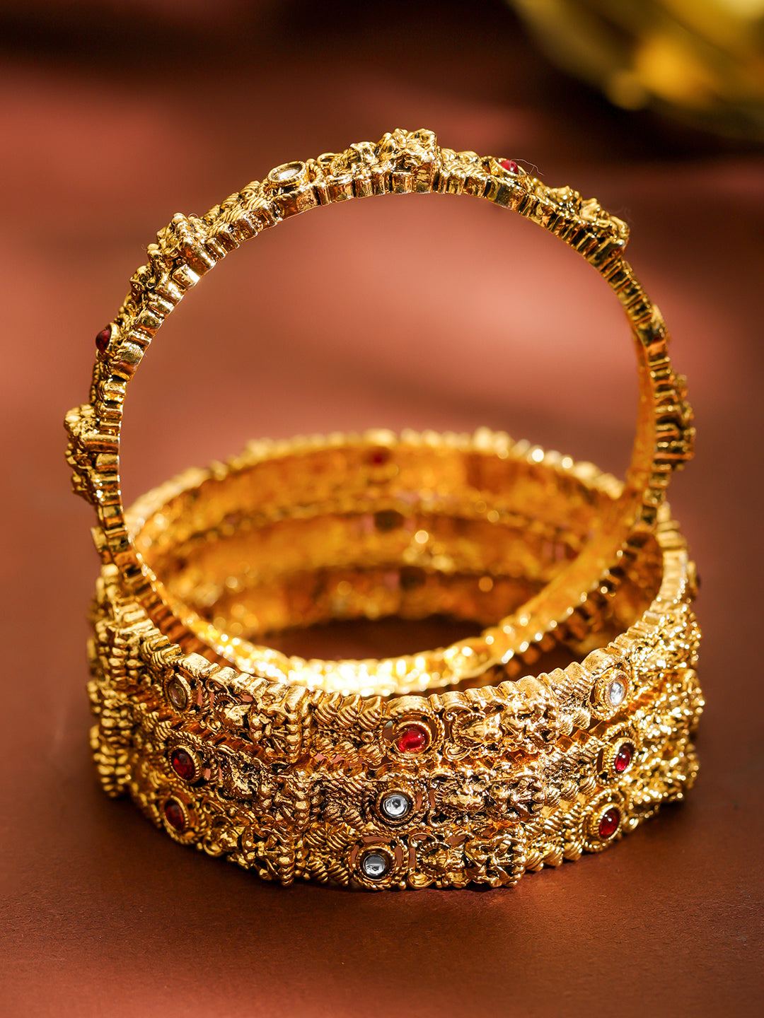 Rubans Set of 4 22K Gold-Plated Brass Red & White Stones Temple Heritage Bangles