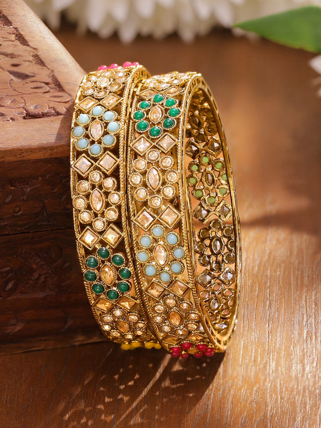 Rubans Set of 2 24K Gold-Plated Handcrafted Kundan & Multicolour Beaded Floral Bangles