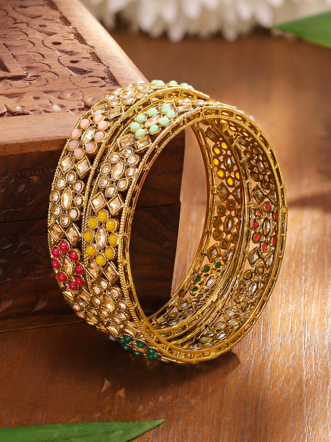 Rubans Set of 2 24K Gold-Plated Handcrafted Kundan & Multicolour Beaded Floral Bangles