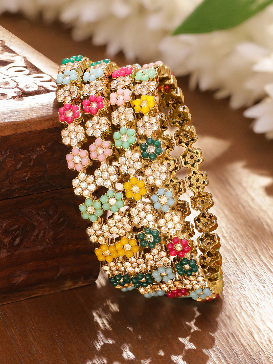 Rubans Set of 4 18K Gold-Plated Multicolor Bead & Stone-Studded Mini Floral Design Handcrafted Bangles