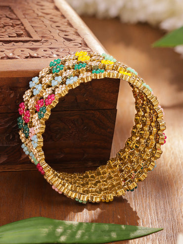 Rubans Set of 4 18K Gold-Plated Multicolor Bead & Stone-Studded Mini Floral Design Handcrafted Bangles