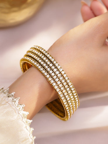 Rubans Set of 4 Antique 18K Gold-Plated White Cubic Zirconia Studded Handcrafted Bangles