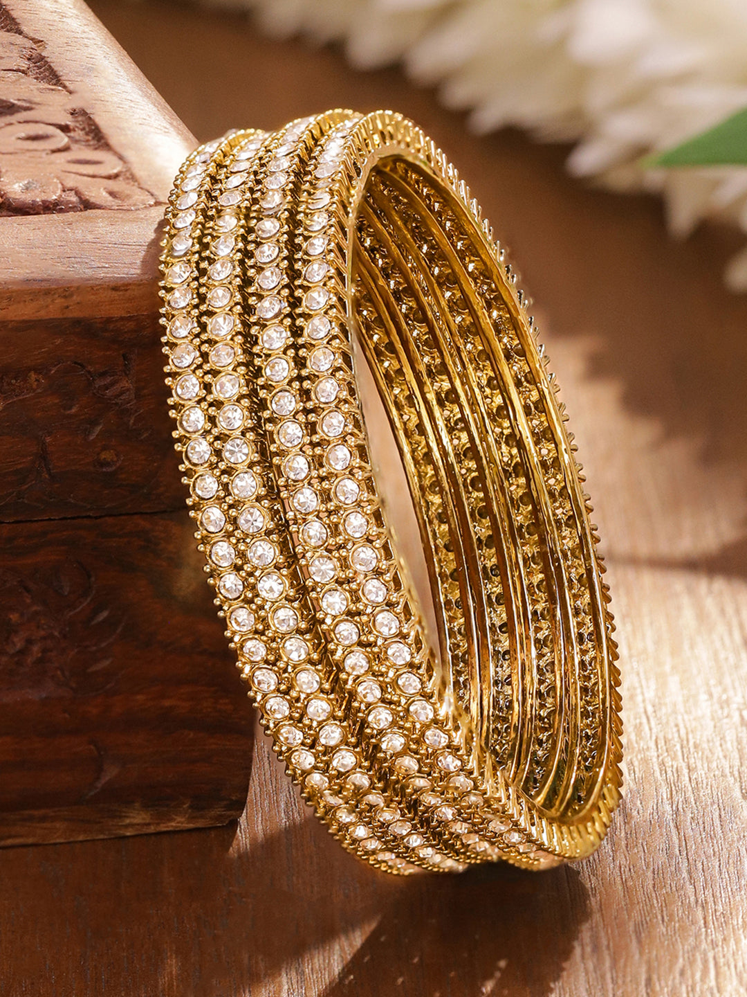 Rubans Set of 4 Antique 18K Gold-Plated White Cubic Zirconia Studded Handcrafted Bangles
