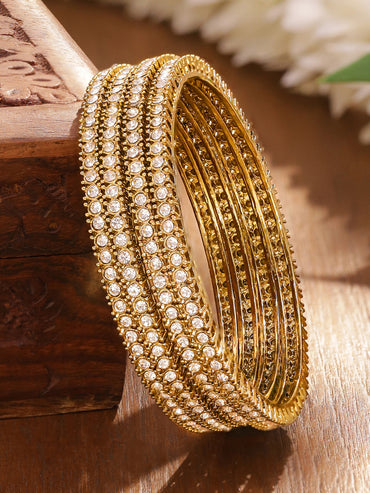Rubans Set of 4 Antique 18K Gold-Plated White Cubic Zirconia Studded Handcrafted Bangles