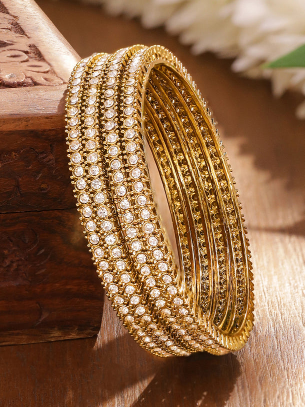 Rubans Set of 4 Antique 18K Gold-Plated White Cubic Zirconia Studded Handcrafted Bangles