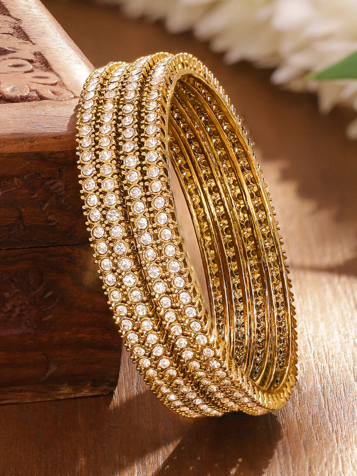 Rubans Set of 4 Antique 18K Gold-Plated White Cubic Zirconia Studded Handcrafted Bangles