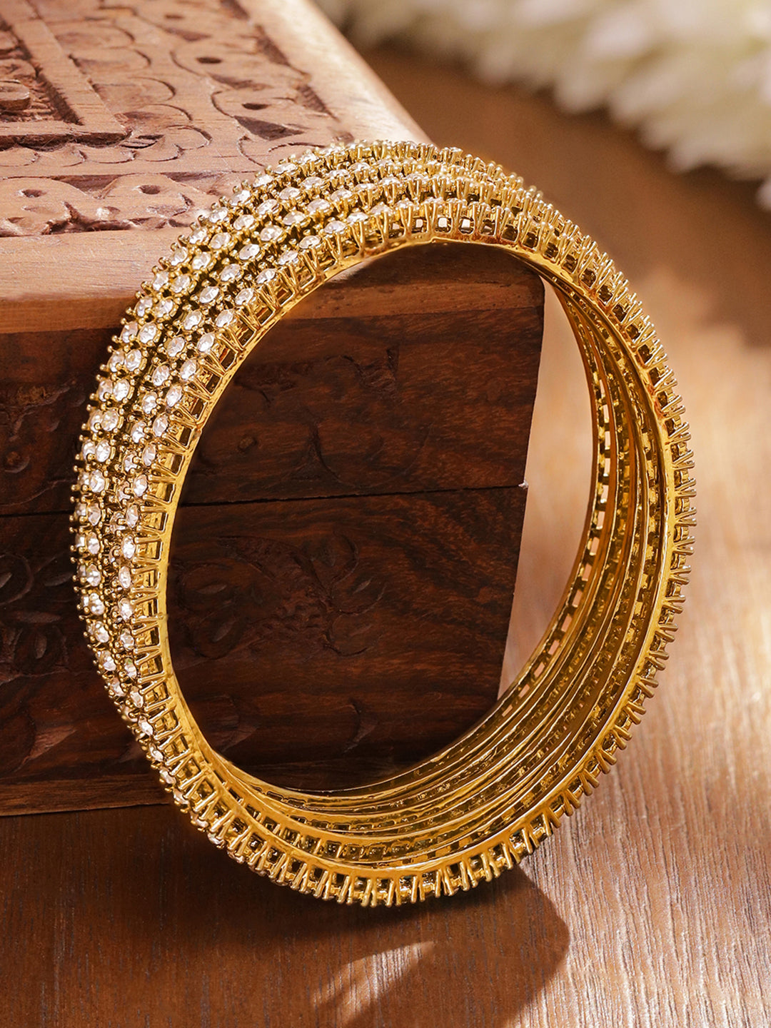 Rubans Set of 4 Antique 18K Gold-Plated White Cubic Zirconia Studded Handcrafted Bangles