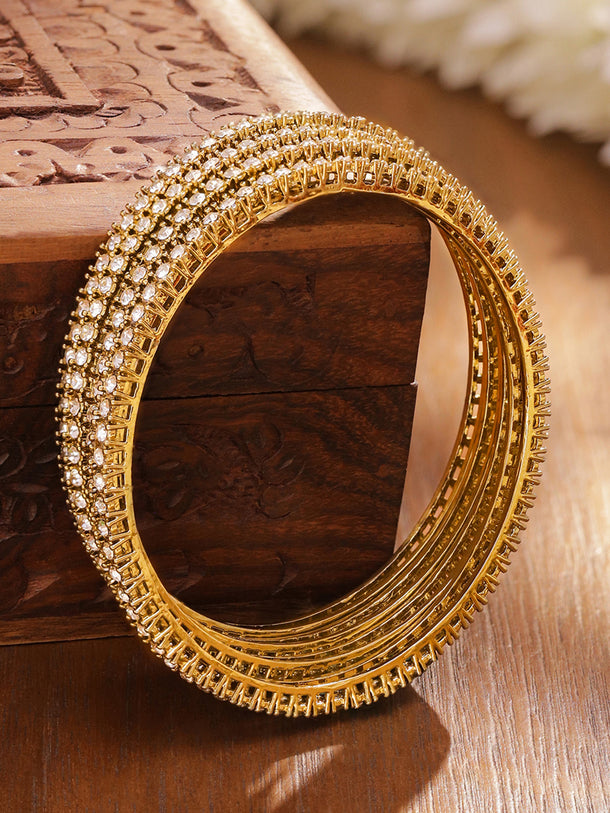 Rubans Set of 4 Antique 18K Gold-Plated White Cubic Zirconia Studded Handcrafted Bangles