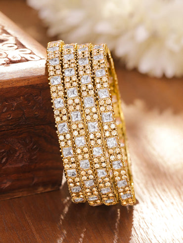 Rubans Set of 4 18K Gold-Plated White Cubic Zirconia Studded Handcrafted Bangles
