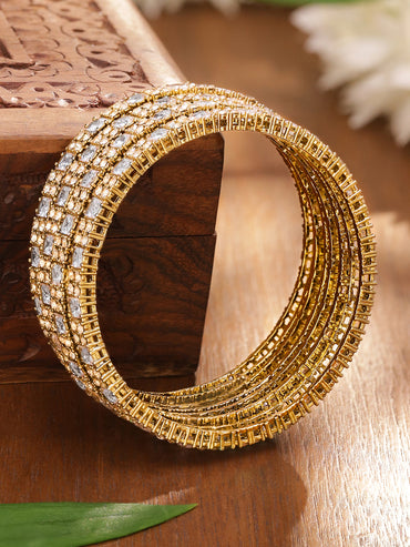 Rubans Set of 4 18K Gold-Plated White Cubic Zirconia Studded Handcrafted Bangles