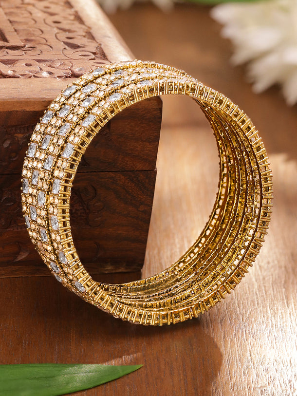 Rubans Set of 4 18K Gold-Plated White Cubic Zirconia Studded Handcrafted Bangles