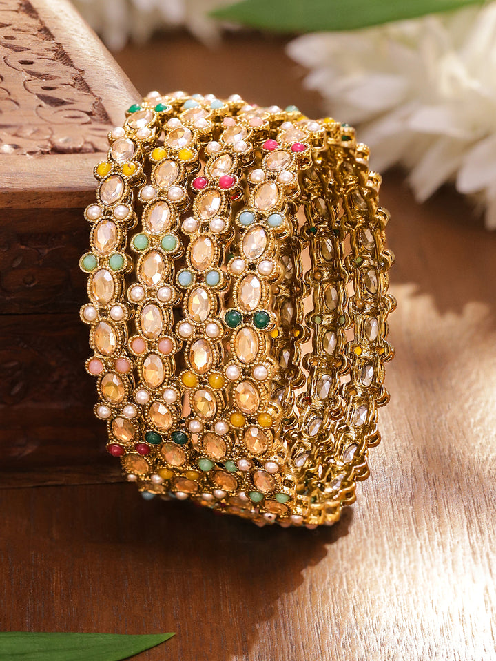 Rubans Set of 4 Antique 18K Gold-Plated Kundan & Pearl Studded Multi-Color Stone Bangles