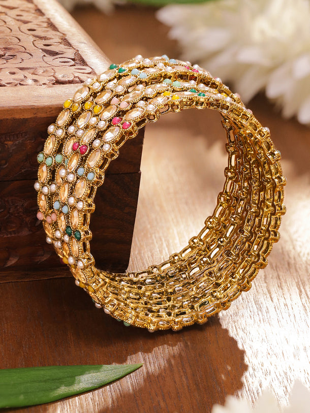 Rubans Set of 4 Antique 18K Gold-Plated Kundan & Pearl Studded Multi-Color Stone Bangles