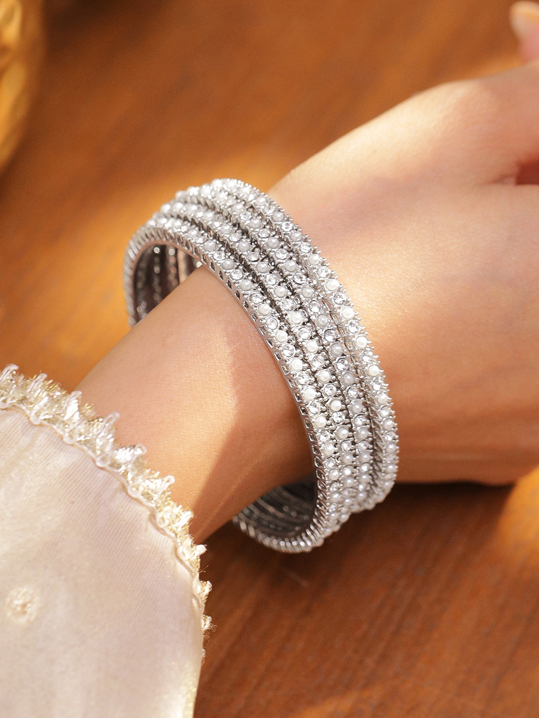 Rubans Set of 4 Rhodium-Plated White Faux Pearl & Cubic Zirconia Studded Handcrafted Bangles