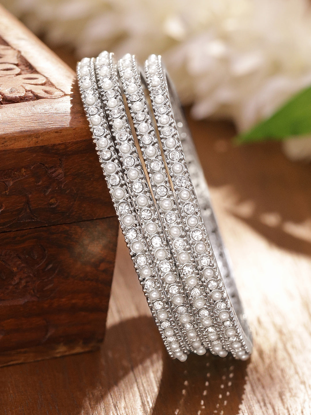 Rubans Set of 4 Rhodium-Plated White Faux Pearl & Cubic Zirconia Studded Handcrafted Bangles