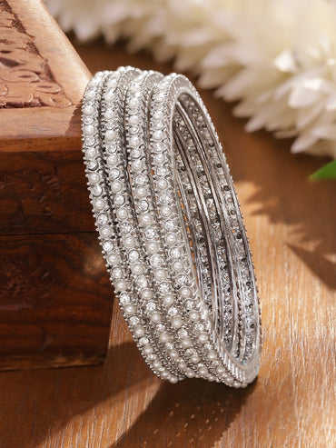 Rubans Set of 4 Rhodium-Plated White Faux Pearl & Cubic Zirconia Studded Handcrafted Bangles