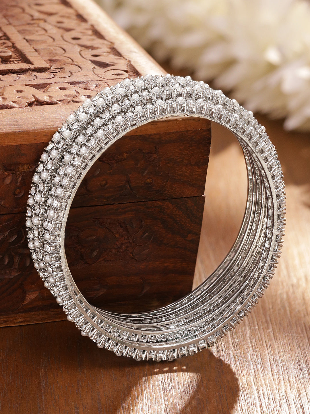 Rubans Set of 4 Rhodium-Plated White Faux Pearl & Cubic Zirconia Studded Handcrafted Bangles