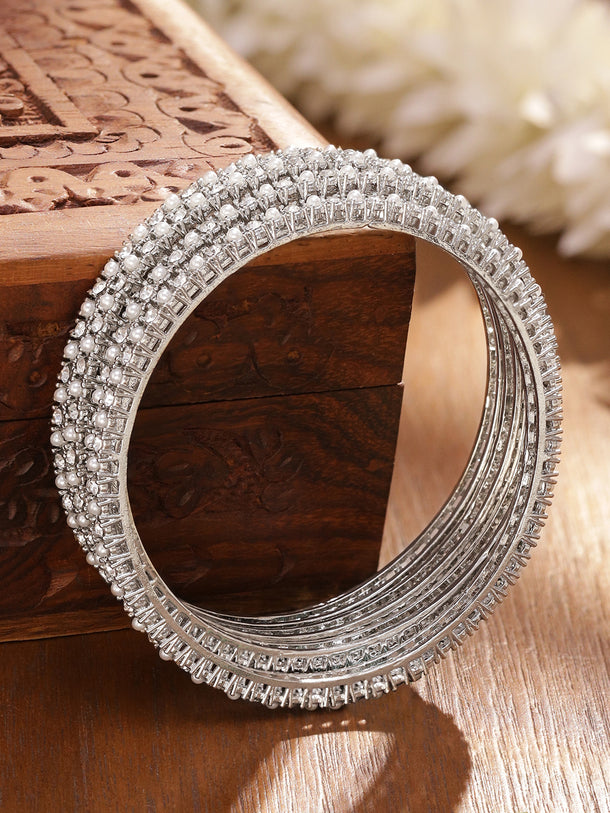 Rubans Set of 4 Rhodium-Plated White Faux Pearl & Cubic Zirconia Studded Handcrafted Bangles
