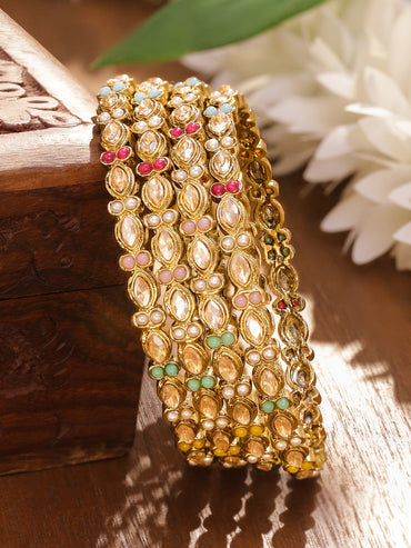 Rubans Women Set of 4 Gold-Plated Brass Kundan & Pearl Handcrafted Bangles Set