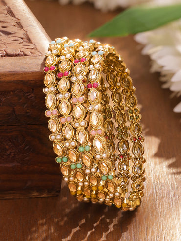 Rubans Women Set of 4 Gold-Plated Brass Kundan & Pearl Handcrafted Bangles Set