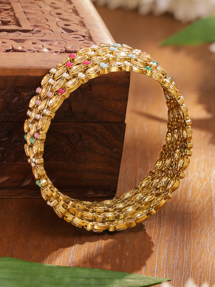 Rubans Women Set of 4 Gold-Plated Brass Kundan & Pearl Handcrafted Bangles Set