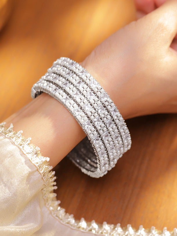 Rubans Set Of 4 Rhodium Plated Cubic Zirconia Studded Bangle