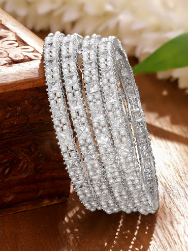 Rubans Set Of 4 Rhodium Plated Cubic Zirconia Studded Bangle