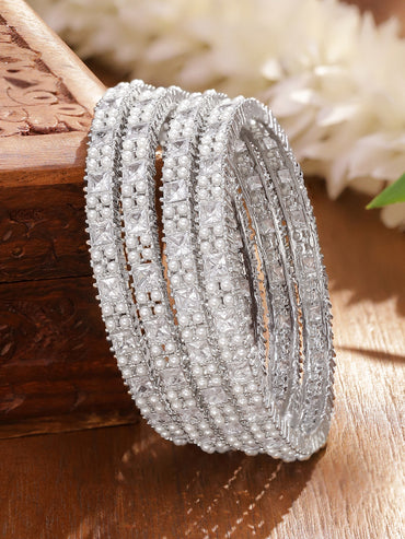 Rubans Set Of 4 Rhodium Plated Cubic Zirconia Studded Bangle