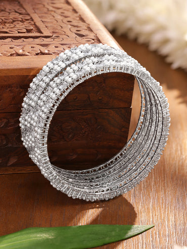 Rubans Set Of 4 Rhodium Plated Cubic Zirconia Studded Bangle