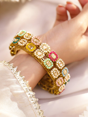 Rubans Set of 2 24K Gold-Plated Multicolour AD Stone & Pearl Studded Handcrafted Bangles