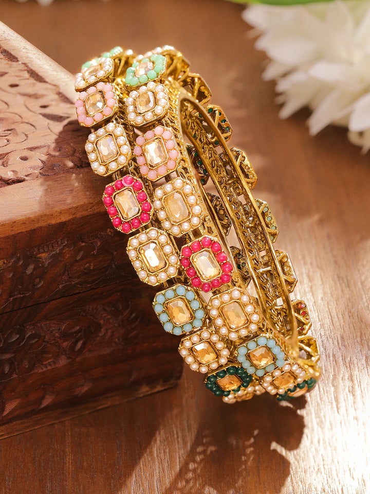Rubans Set of 2 24K Gold-Plated Multicolour AD Stone & Pearl Studded Handcrafted Bangles