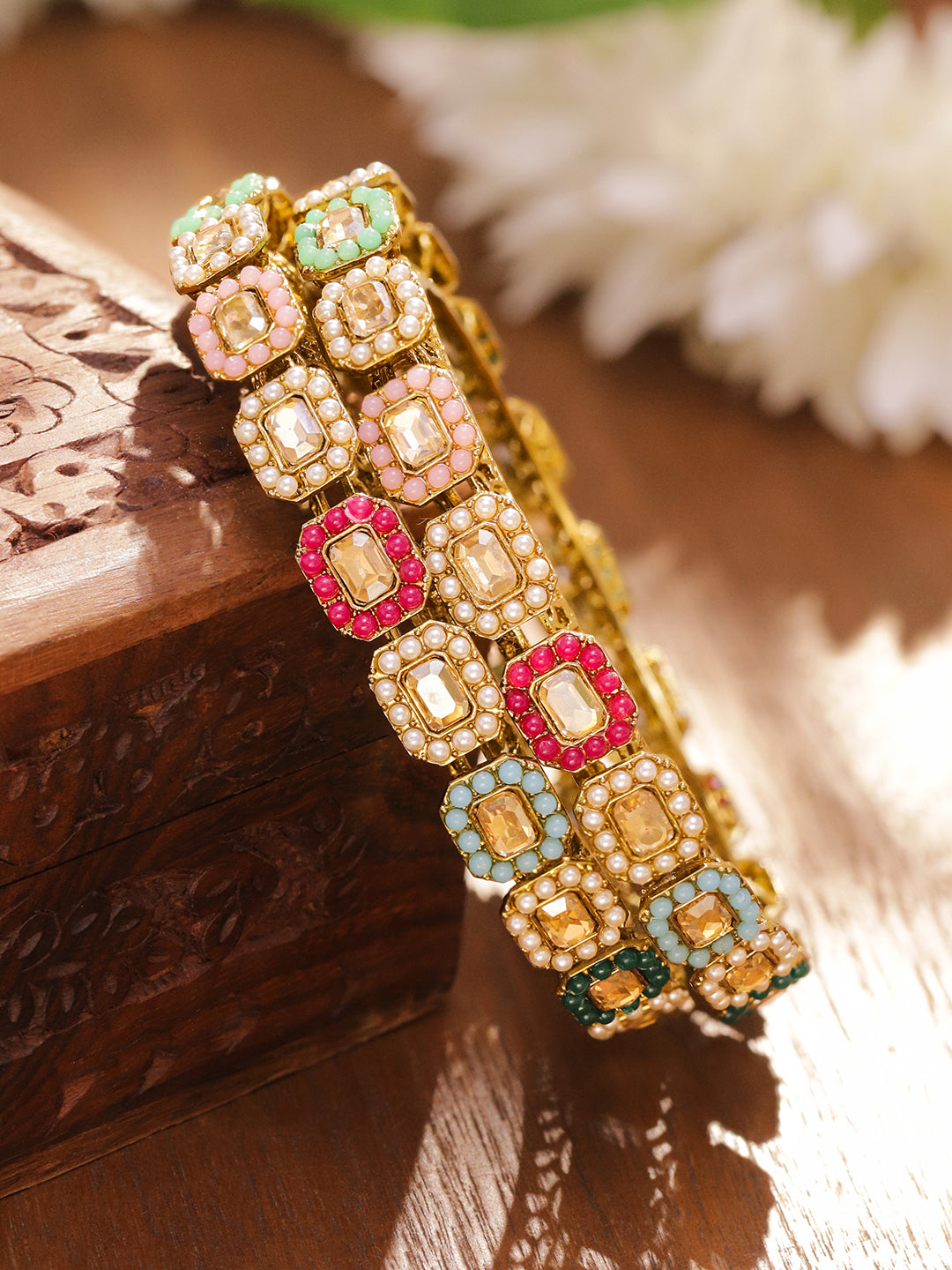 Rubans Set of 2 24K Gold-Plated Multicolour AD Stone & Pearl Studded Handcrafted Bangles