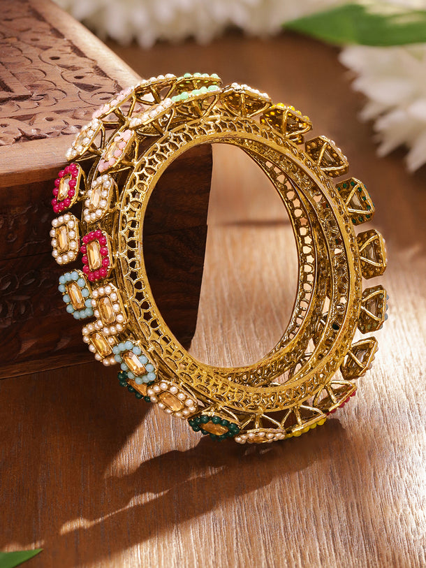Rubans Set of 2 24K Gold-Plated Multicolour AD Stone & Pearl Studded Handcrafted Bangles