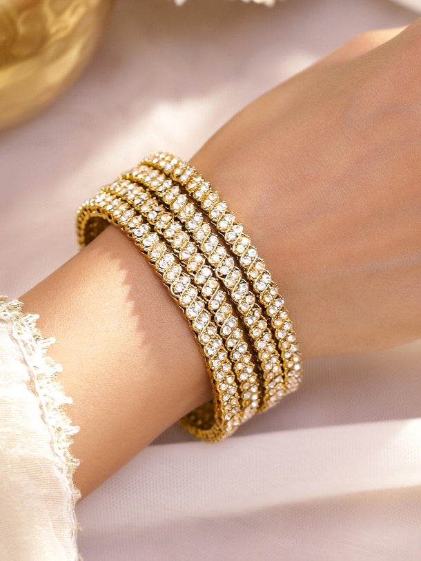 Set Of 4 American Diamond Zirconia Gold Bangles