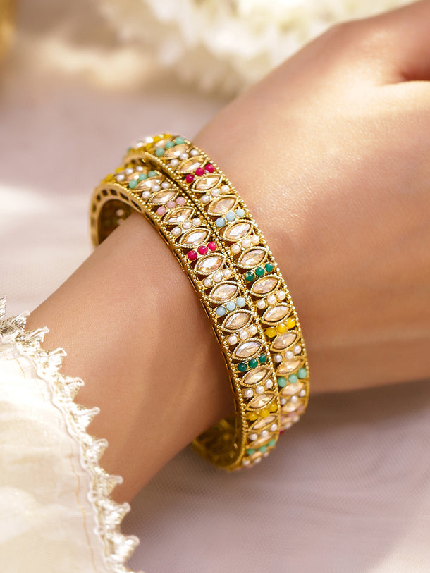 Rubans Set Of 2 18K Gold-Plated Artificial Stones Studded & Pearls Beaded Bangles