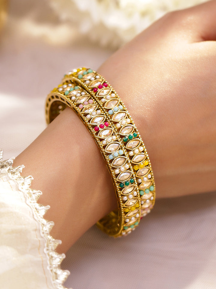 Rubans Set Of 2 18K Gold-Plated Artificial Stones Studded & Pearls Beaded Bangles