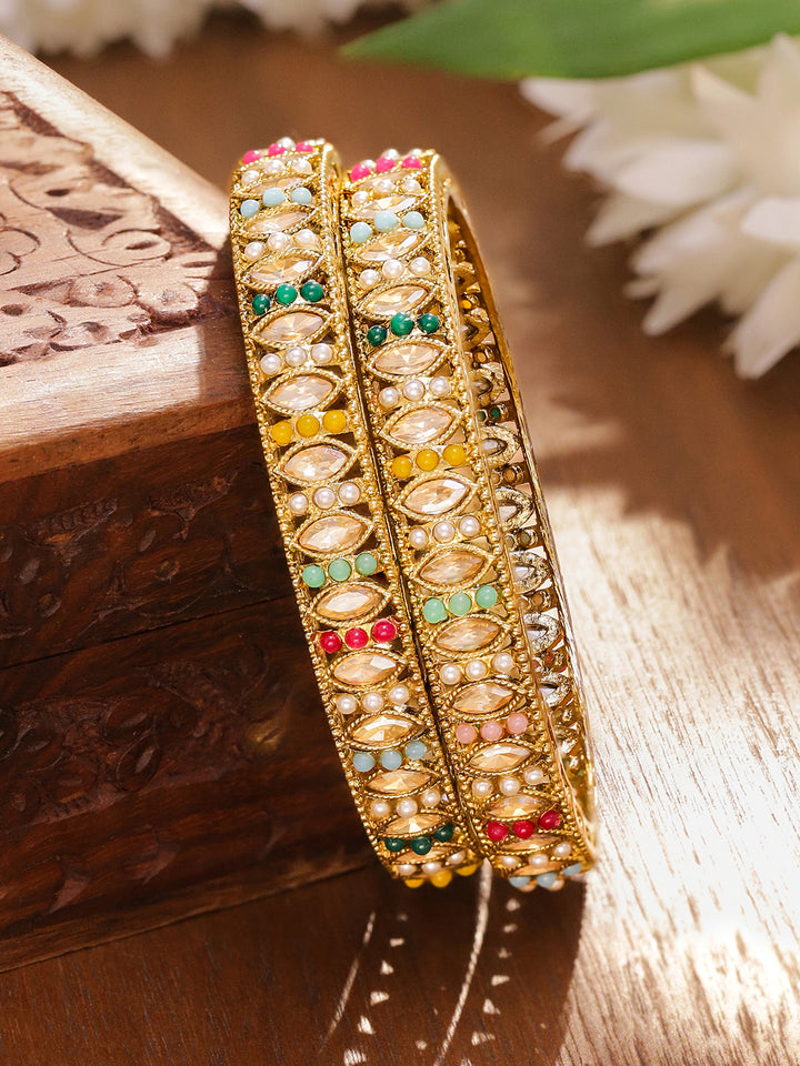 Rubans Set Of 2 18K Gold-Plated Artificial Stones Studded & Pearls Beaded Bangles