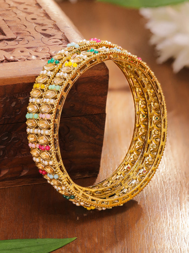 Rubans Set of 2 18K Gold-Plated Multi-Coloured Stones & Mini Pearl Studded Patterned Bangles
