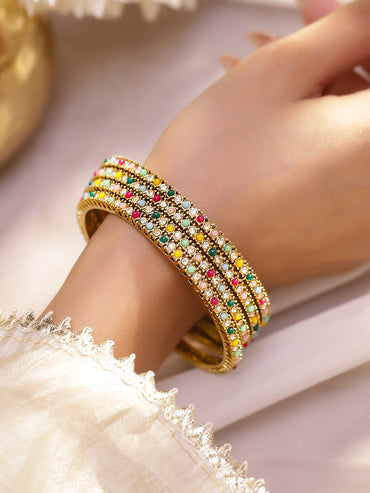 Rubans Set of 4 Antique 18K Gold-Plated Multi-Colour Stone & Mini Pearl Studded Handcrafted Bangles