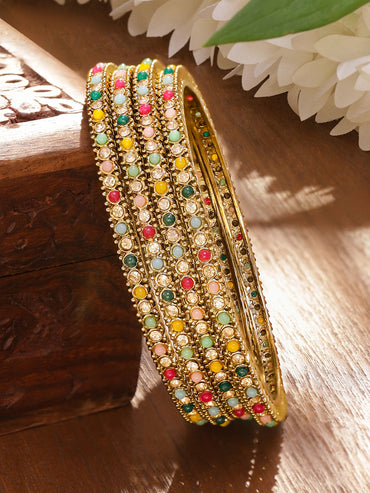 Rubans Set of 4 Antique 18K Gold-Plated Multi-Colour Stone & Mini Pearl Studded Handcrafted Bangles