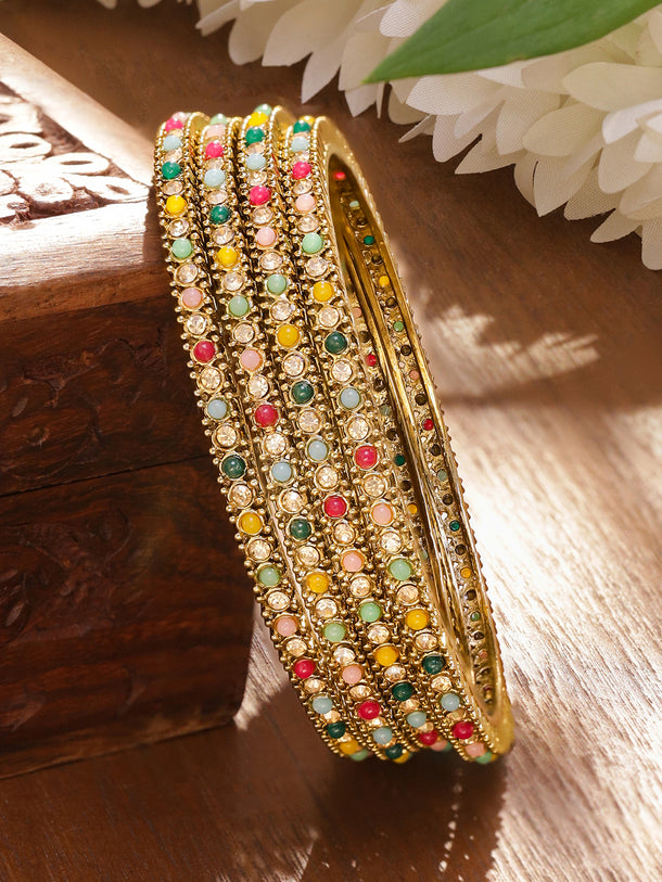 Rubans Set of 4 Antique 18K Gold-Plated Multi-Colour Stone & Mini Pearl Studded Handcrafted Bangles