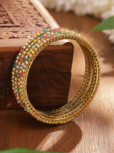 Rubans Set of 4 Antique 18K Gold-Plated Multi-Colour Stone & Mini Pearl Studded Handcrafted Bangles