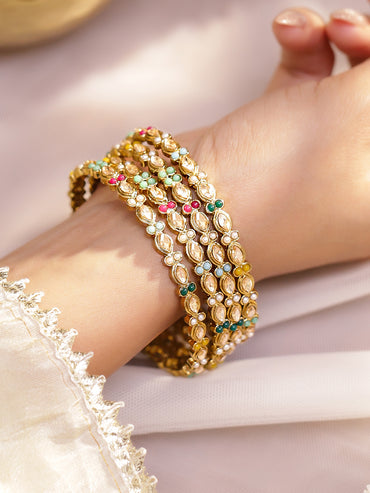 Rubans Set of 4 Antique 18K Gold-Plated Kundan & Pearl Studded Multicolor Floral Bangles