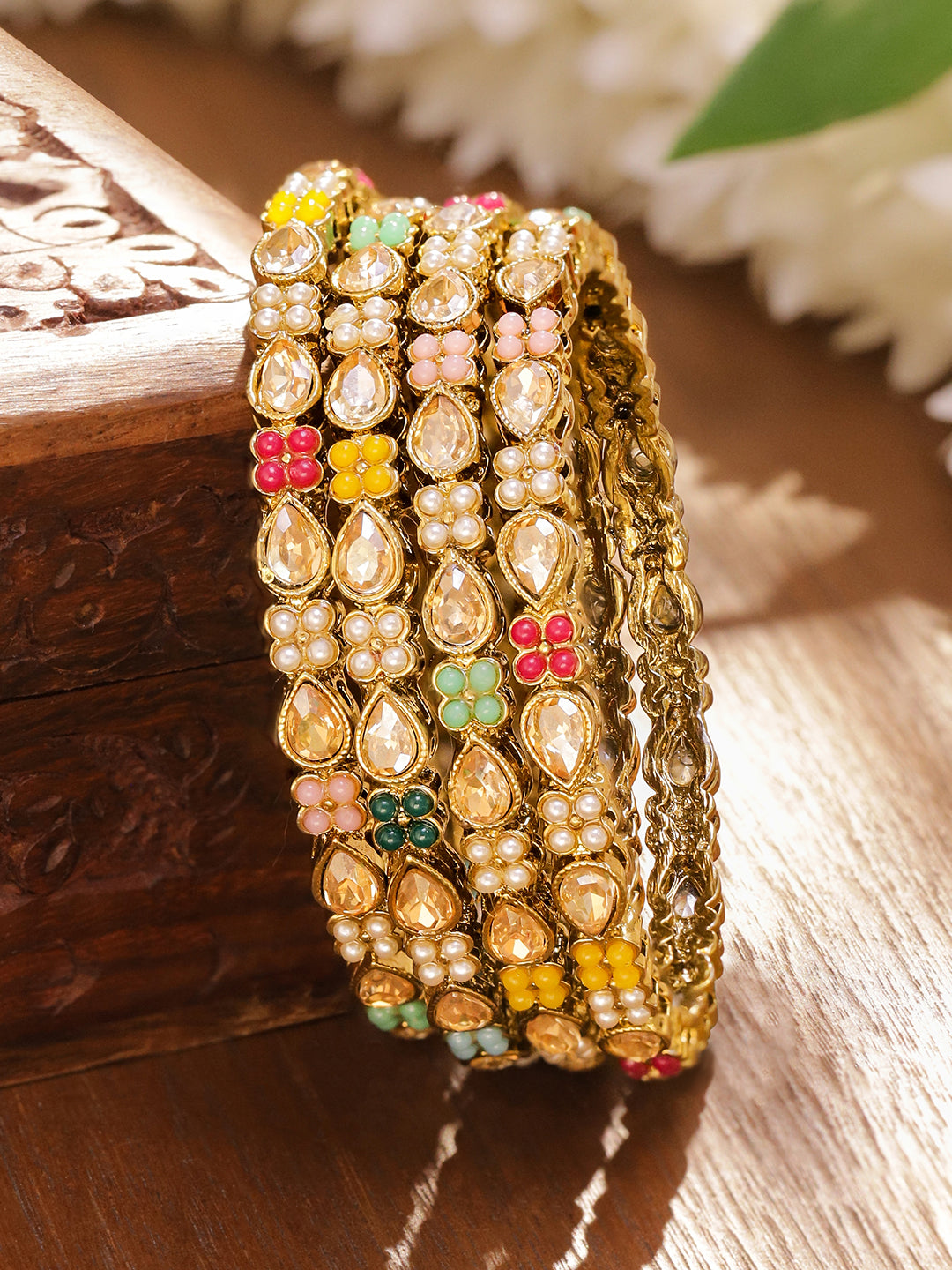Rubans Set of 4 Antique 18K Gold-Plated Kundan & Pearl Studded Multicolor Floral Bangles
