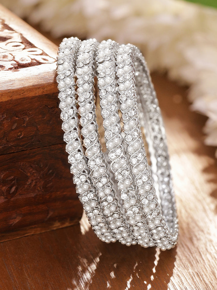 Rubans set of 4 Rhodium-Plated White Pearl & Cubic Zirconia Studded Bangles